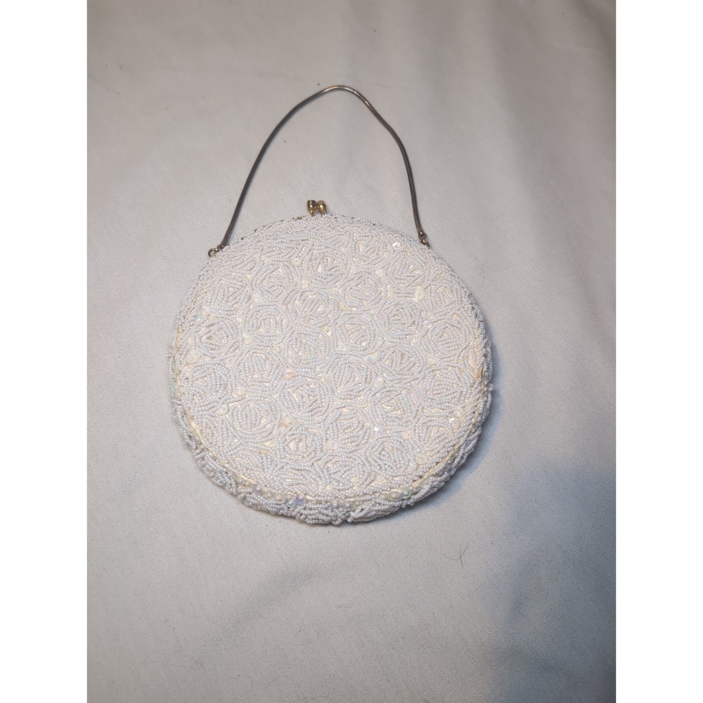Vintage White Hand-Beaded Clutch Evening Bag W/ Clasp Handmade in Hong Kong 7" - Picture 5 of 11